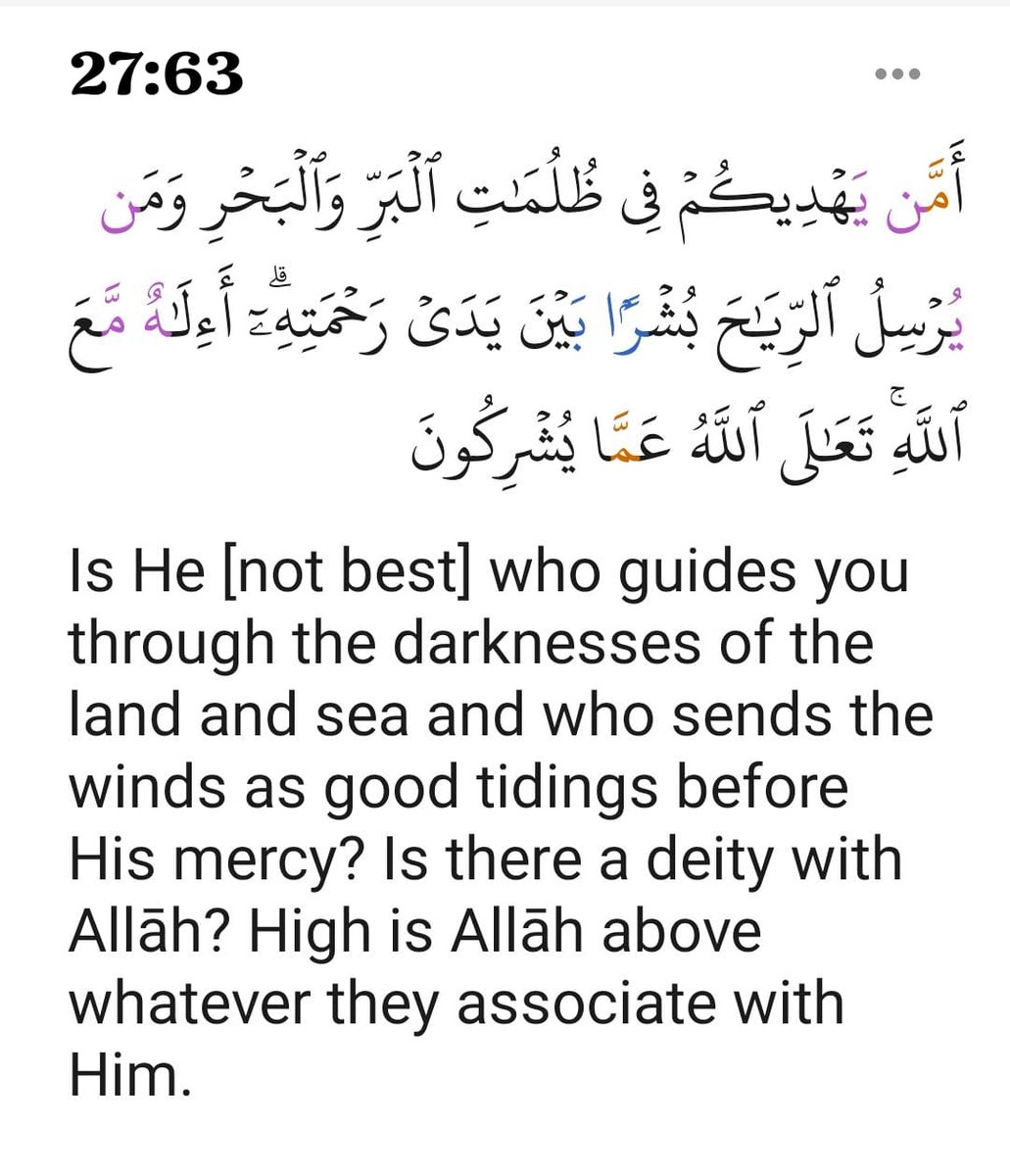 Is He [not best] who guides you through the darknesses of the land and sea and who sends the winds as good tidings before His mercy? Is there a deity with Allāh? High is Allāh above whatever they associate with Him.

#DailyQuran #Quran #Ayat #Read #Daily #Surah An-Naml 27:63
