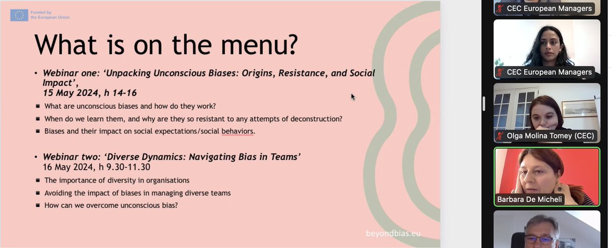 We are now starting the second-day webinar of the Beyunbi project, led by @FondazBrodolini.

beyondbias.eu

Today we are addressing the 'Diverse Dynamics: Navigating Bias in Teams'

#EUProjects #Diversity #Beyonbi #UseYourLeadership