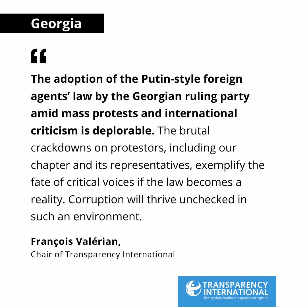 Our chair @FrancoisValeri3 on the adoption foreign agents’ law in #Georgia 🇬🇪: “The brutal crackdowns on protestors, including our chapter and its representatives, exemplify the fate of critical voices if the law becomes a reality. Corruption will thrive unchecked in such an