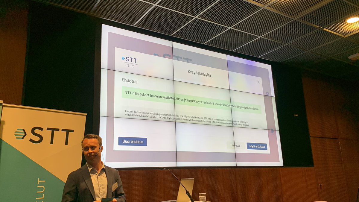 STT Viestintäpalvelut (@sttviestintap) on Twitter photo STT:n toimituspäällikkö Janne Huuskonen <a href="/HuuskonenJanne/">Janne Huuskonen</a> - Tekoälyä käytetään #STT :llä uutisten litterointiin, radiouutisiin. Tekoälyä EI saa käyttää tiedon hankintaan. Yhteinen kehitysprojekti kansallisten uutistoimistojen kanssa. Haastattelijana <a href="/OVesala/">Olli Vesala</a> #mediaviestintäai STT:n toimituspäällikkö Janne Huuskonen <a href="/HuuskonenJanne/">Janne Huuskonen</a> - Tekoälyä käytetään #STT :llä uutisten litterointiin, radiouutisiin. Tekoälyä EI saa käyttää tiedon hankintaan. Yhteinen kehitysprojekti kansallisten uutistoimistojen kanssa. Haastattelijana <a href="/OVesala/">Olli Vesala</a> #mediaviestintäai