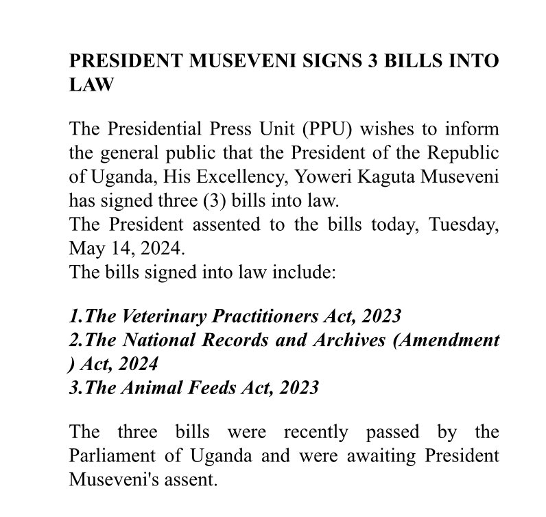 President Museveni signs 3 key bills into law

@MAAIF_Uganda