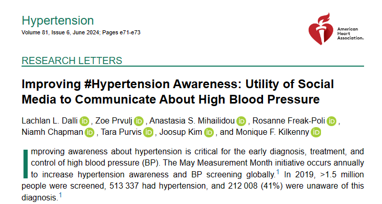 How perfectly timed release @HyperAHA @LabTouyz for #MayMeasureMonth #WorldHypertensionDay🙏 Our Research Letter driven by @heartfoundation @HypertensionAus @MonashUni @SCSMonash @MonashVHI #VicCVRN #RisingStar @LachlanDalli analysis on raising awareness for #BloodPressure via