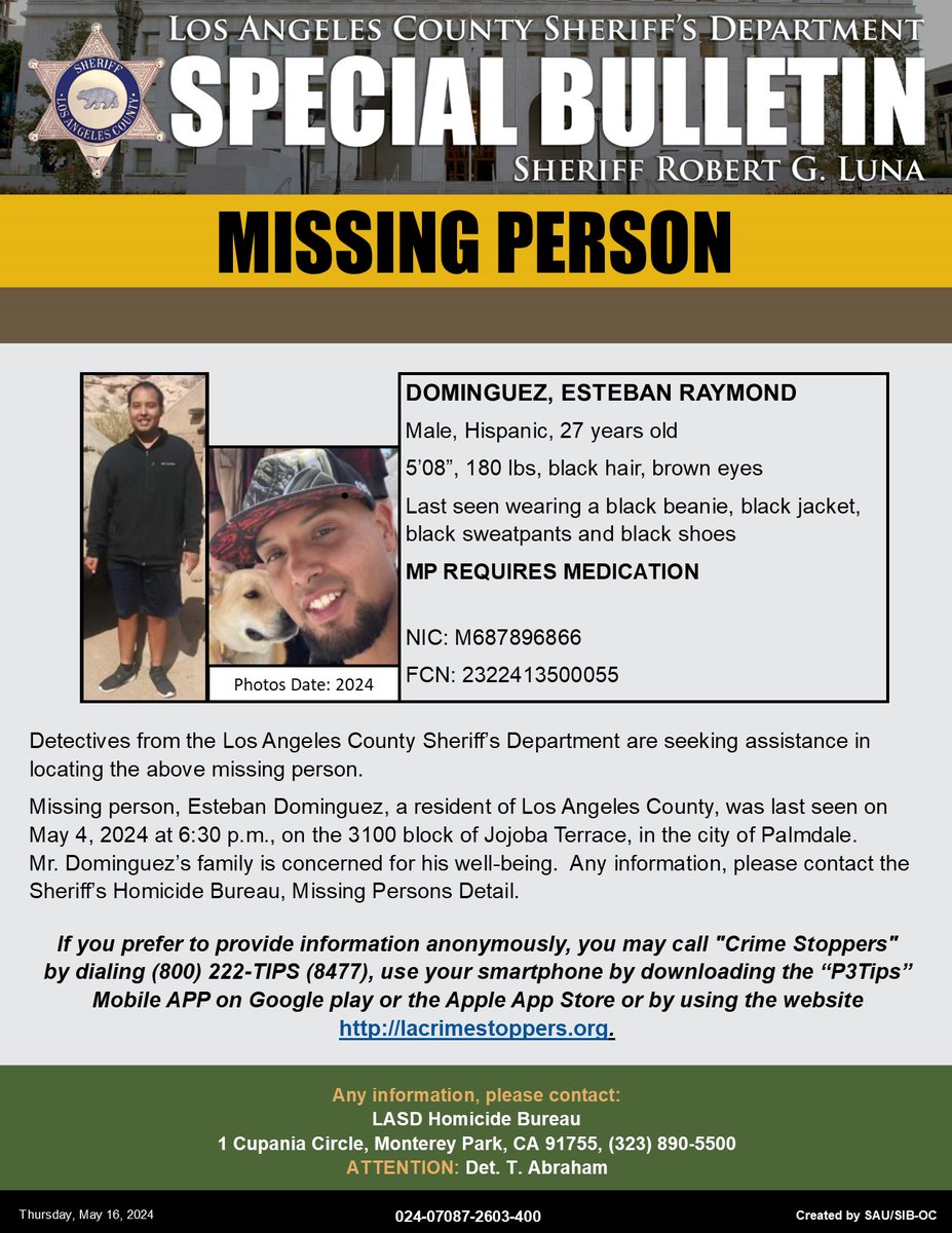#LASD is Asking for the Public's Help Locating Missing Person Esteban Raymond Dominguez #Palmdale local.nixle.com/alert/10988105/