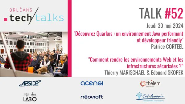 Orleans Tech (@orleans_tech) on Twitter photo #Talk le 30/05 19h au <a href="/Le_Lab_O/">LAB’O Village by CA</a> 🙌
➡️ Quarkus : un environnement Java performant et développeur friendly Patrice Corteel
➡️ Comment rendre les environnements Web et les infrastructures sécurisées ? Thierry MARISCHAEL Edouard Skopek
👉 Inscription gratuite bit.ly/4aly94E #Talk le 30/05 19h au <a href="/Le_Lab_O/">LAB’O Village by CA</a> 🙌
➡️ Quarkus : un environnement Java performant et développeur friendly Patrice Corteel
➡️ Comment rendre les environnements Web et les infrastructures sécurisées ? Thierry MARISCHAEL Edouard Skopek
👉 Inscription gratuite bit.ly/4aly94E