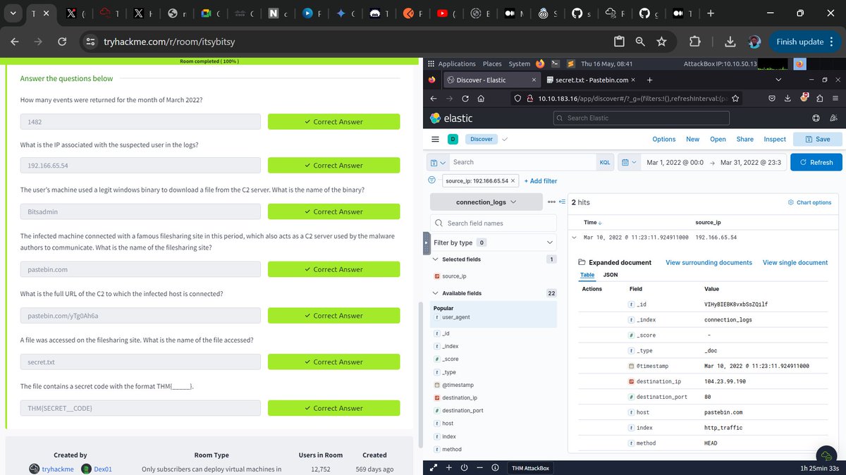 In this TryHackMe challenge room, I took a simple challenge to investigate an alert by IDS regarding a potential C2 communication.
I was able to:
- Filter the logs to identify the data needed.
- Identify the suspicious IP address.
- Discover the C2 server details.
- Find the file