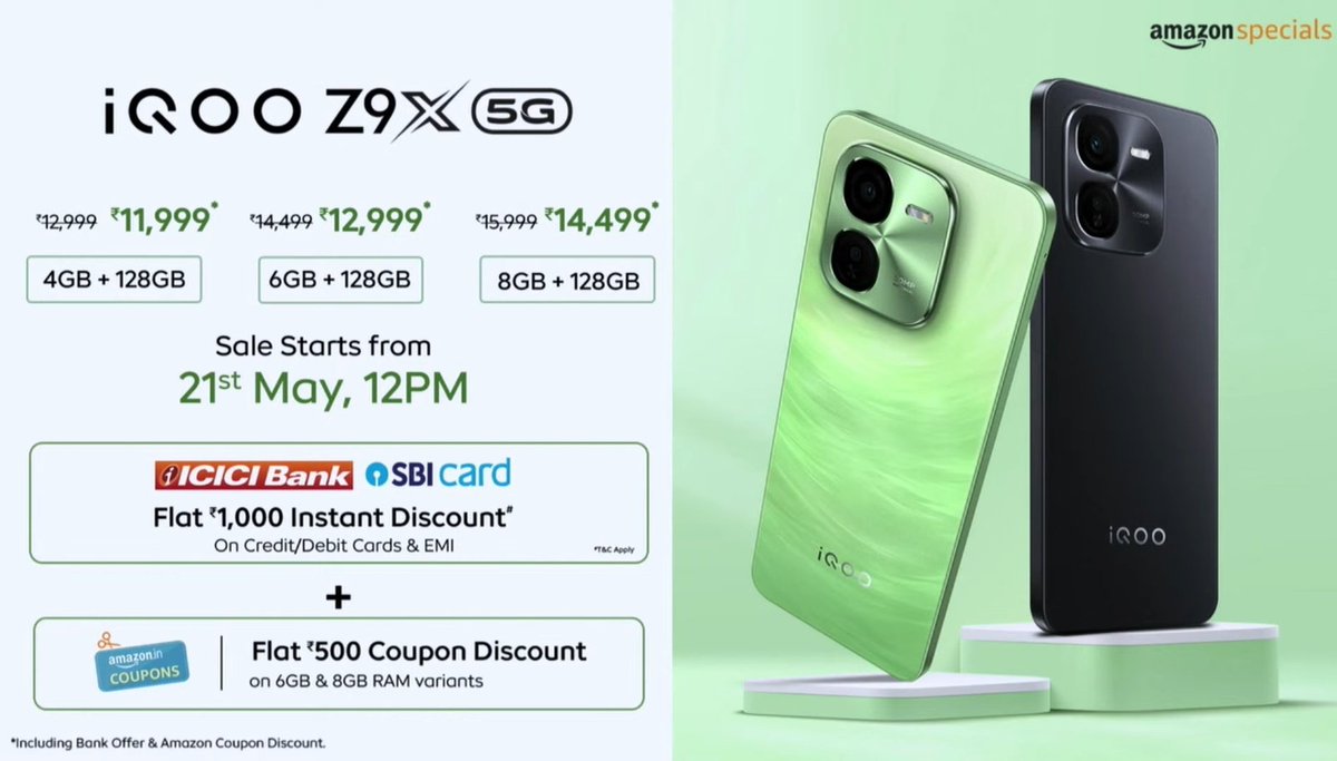 TechWithYesh's tweet image. iQOO Z9x launched in 🇮🇳 India!

4/128GB: ₹12,999
6/128GB: ₹14,499
8/128GB: ₹15,499

₹1K ICICI/SBI discount
₹500 extra discount on 6GB &amp;amp; 8GB RAM variants.

Sales start May 21st. #iqooz9x