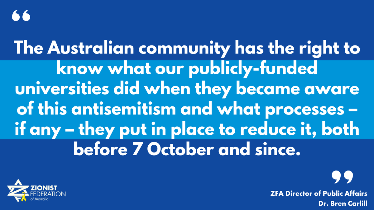 Zionist Federation of Australia (@zionistfedaus) on Twitter photo The Zionist Federation of Australia supports the Coalition’s and crossbench’s support for a judicial inquiry into campus antisemitism, and urges the Government to back it.
ZFA Director of Public Affairs <a href="/BBCarlill/">Dr Bren Carlill</a> said, “The situation on campus is unprecedented and deeply The Zionist Federation of Australia supports the Coalition’s and crossbench’s support for a judicial inquiry into campus antisemitism, and urges the Government to back it.
ZFA Director of Public Affairs <a href="/BBCarlill/">Dr Bren Carlill</a> said, “The situation on campus is unprecedented and deeply
