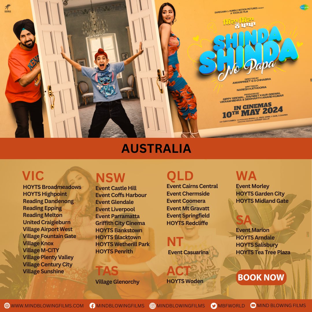 Australia! Week 2 Cinema list for Shinda Shinda No Papa out! #Shindashindanopapanowplayingincinemas in Punjabi with English subtitles @GippyGrewal #realhinakhan #munishomjee @OmjeeGroup @humblemotionpic @YoodleeFilms #saregamapunjabi