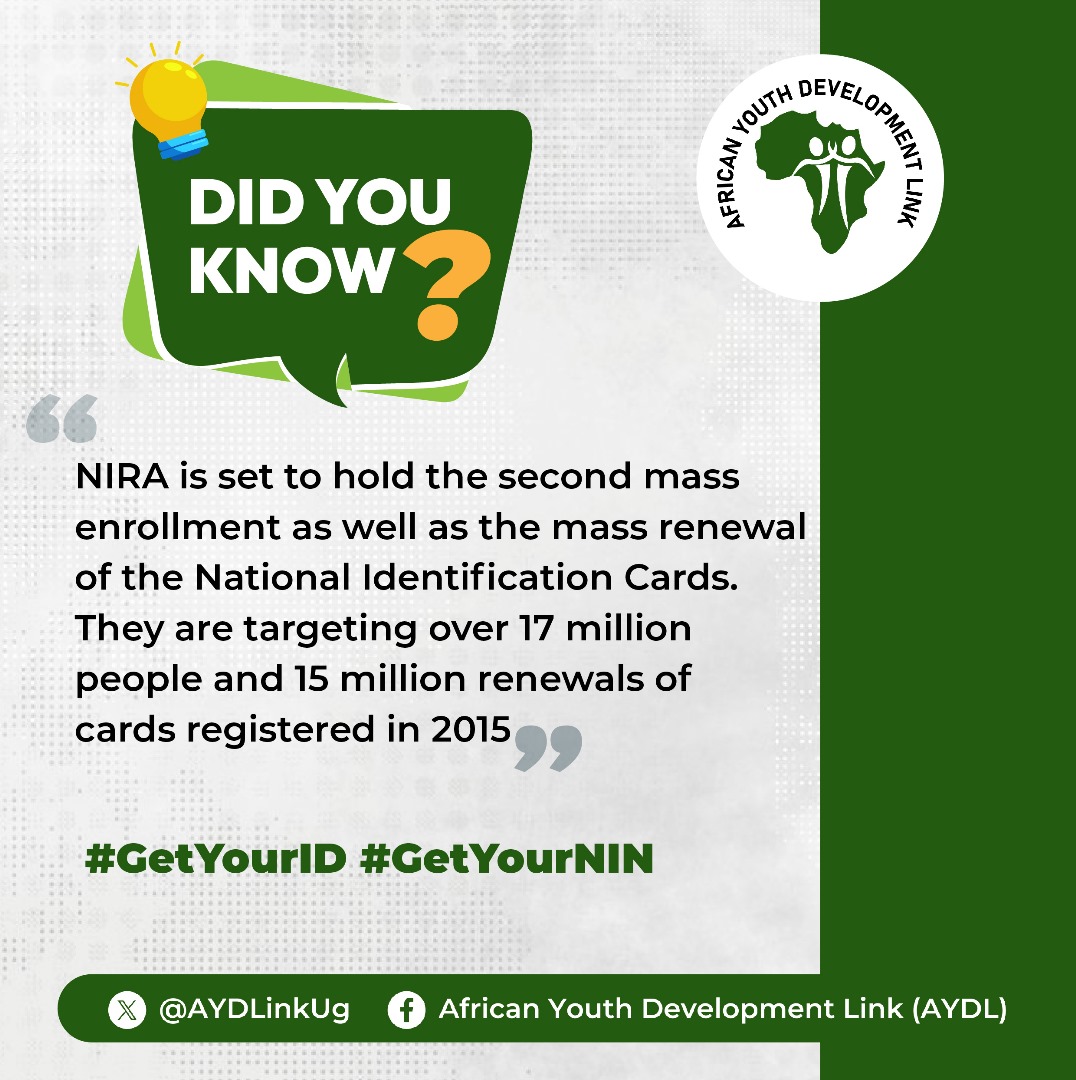 Did you know? @NIRA_Ug is set to hold the second mass enrolment as well as the mass renewal of the National Identification Cards. They are targeting over 17 million people and 15 million renewals of cards registered in 2015 #GetYourID #GetYourNIN #NationalID