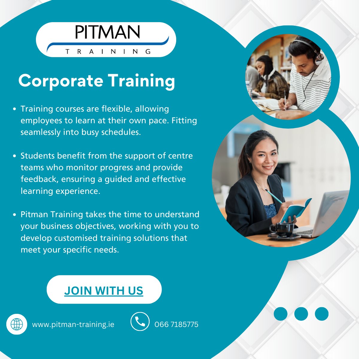 Empower your employees with flexible courses from Pitman Training. Benefit from dedicated support and customised solutions to meet your business goals. Visit pitman-training.ie or call 066 7185775 to learn more. #CorporateTraining #EmployeeDevelopment
