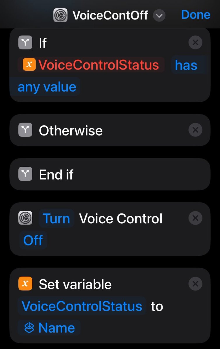 Hey #Shortcuts and general automation lovers. I’m trying to make one that toggles Voice Control, because that's not offered in the Accessibility section. I’m getting stuck. Any tips?