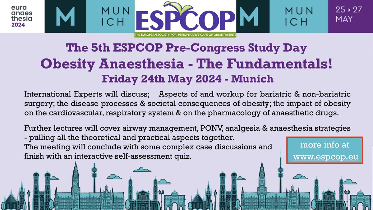 ESPCOP
<a href="/ANZCA/">ANZCA</a> Coming to Munich?  The 5th Obesity Anaesthesia Fundamentals Study Day - an <a href="/ESAIC_org/">ESAIC</a> approved Friday course! Top Tips on safe practice; great interaction with a massively experienced faculty. Reduced for <a href="/ESPCOP/">ESPCOP</a> &amp; <a href="/SOBAuk/">SOBA</a> members. Links at espcop.eu/activities