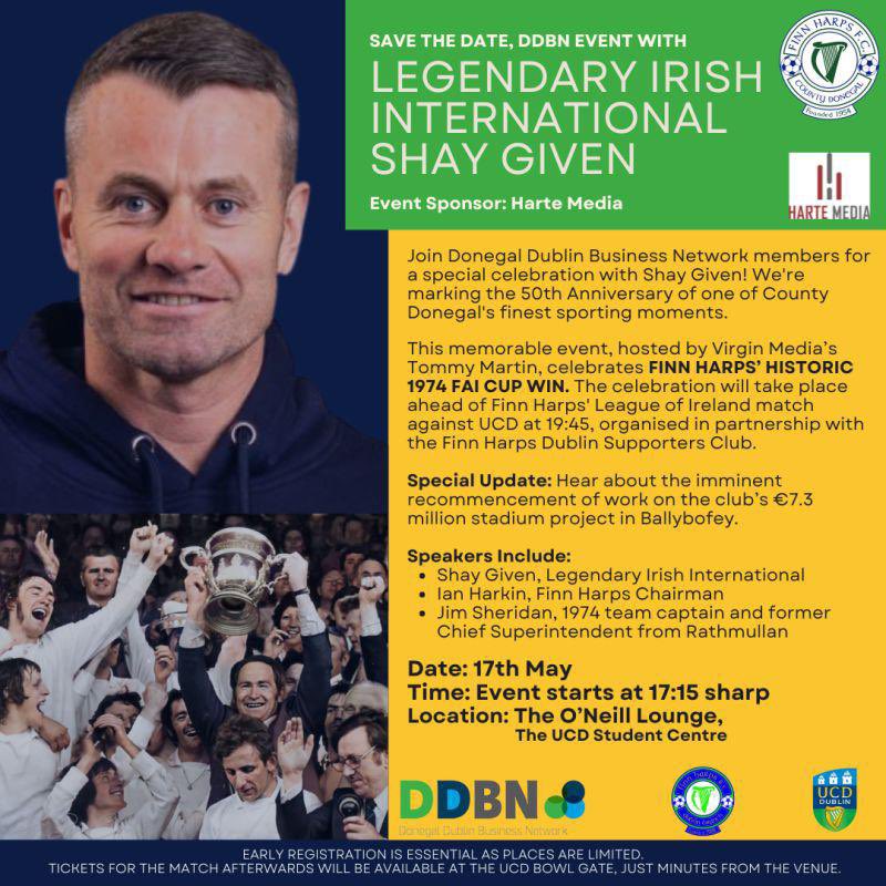 A reminder of the below event tomorrow! Join @No1shaygiven, @ddbn_ie, @TommyMartinVM and @FinnHarpsDSC in celebrating 50 years since our FAI Cup triumph in 1974! Harps Chairperson Ian Harkin will also provide an update on the new stadium 🏟️ #UTH🔵⚪️