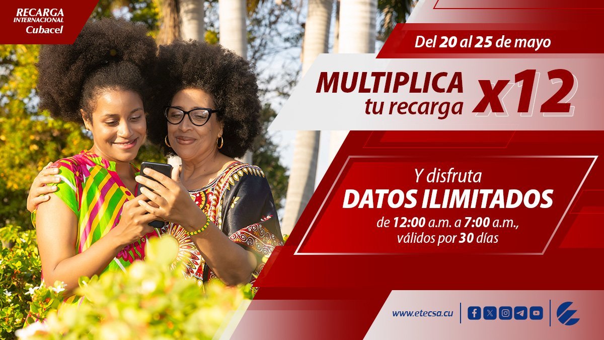 Regálale 🎁 a mamá, tía, abuela...  la promoción de #RecargaInternacional para que esté siempre conectada 📲👨‍💻. Recibirá 12 veces el monto recargado en el saldo principal y podrá disfrutar de datos ilimitados de 12 a.m. a 7 a.m. durante 30 días #EtecsaTeAcompaña