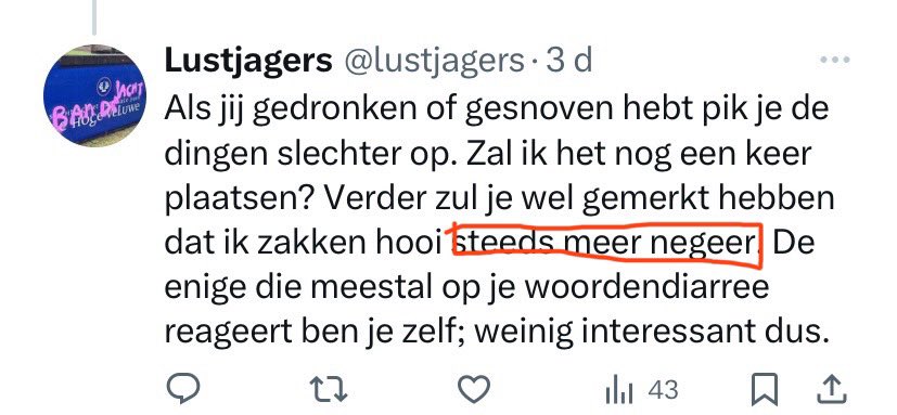 Een #vierluik
#negeren

Los v tal van beweringen die stranden op verzinsel, frame…

Heb ik mijn hele leven de pest aan #harddrugs en strijd er actief tegen.
Nooit gebruikt.
We hadden vroeg ex-junks rehabiliterend in huis die ik de natuur innam.

Negeren, bericht na bericht ;-)