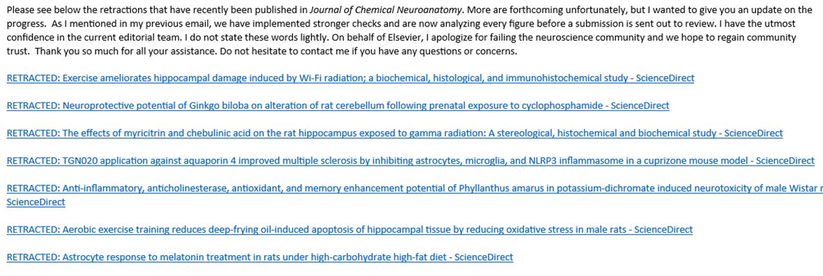 Elsevier notified me about a 'batch retraction' of 7 papers from Journal of Chemical Neuroanatomy.