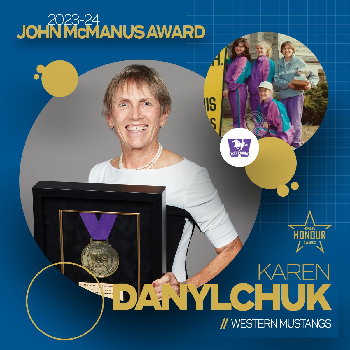 Karen Danylchuk, Western Mustangs coach, student-athlete, administrator, and sport management scholar, is the recipient of the 2023-24 John McManus Award. This award is presented to a recently retired OUA coach who exemplifies the highest ideals and qualities of sportsmanship