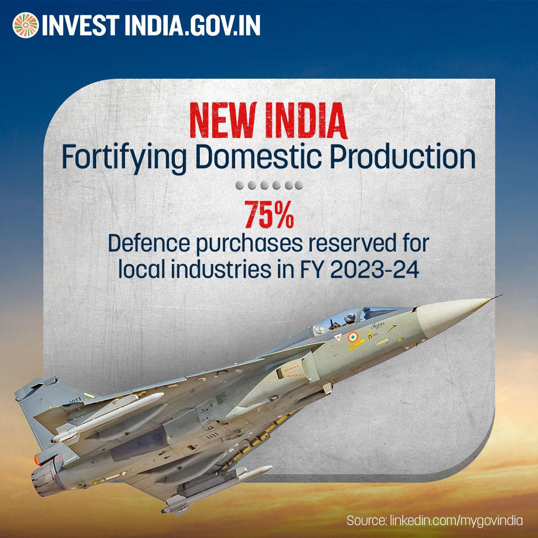 #NewIndia's #defence sector combines robust indigenous manufacturing with a dynamic R&D ecosystem. Invest now to join India's journey to self-reliance and cutting-edge defence technology.

Explore more at bit.ly/II-Defence

#InvestInIndia #InvestIndia #DefenceManufacturing