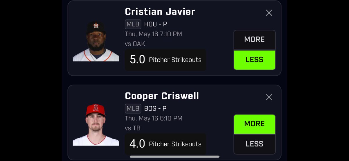 ⚾️ #PrizePick of the Day ⚾️ 

⬇️ Christian Javier Under 5.0 Strikeouts
⬆️ Cooper Criswell Over 4.0 Strikeouts

LIKE/RT IF YOUR TAILING

#MLB #MLBBetting #MLBProps #Props #GamblingX #PrizePicks #MLBPicks #MLBBets #Baseballbets #baseballbetting #prizepicksmlb