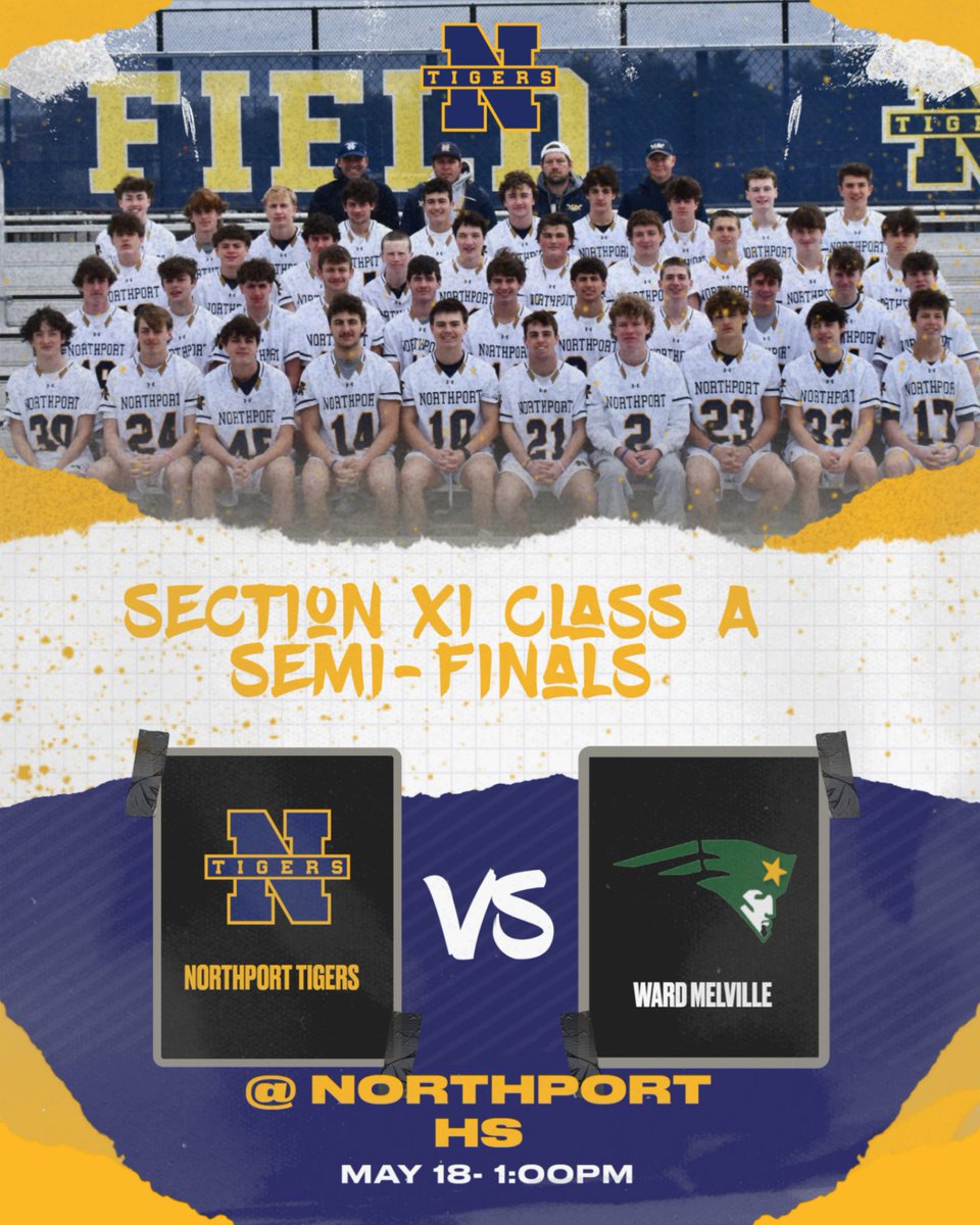 The Tigers will be hosting Ward Melville HS in the Section XI Class A Boys Lacrosse Semi-Finals on Saturday May 18, 1pm. Admission fee will be applied, tickets can be purchased at: gofan.co/app/school/NYS…
