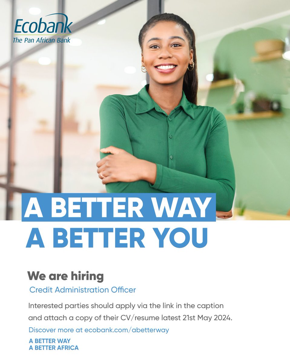 JOB OPPORTUNITY 📢 
@EcobankUganda is currently a Credit Administration Officer.
Details: …qf-saasfaprod1.fa.ocs.oraclecloud.com/hcmUI/Candidat…

#jobclinicug #jobalert #ApplyNow #hiring #jobseekers #hiring #jobs