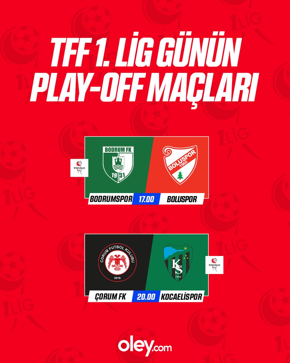 Karşınızda, TFF 1. Lig'de bugün oynanacak Play-Off karşılaşmaları. 🎁 Siz de bu maçların heyecanını Oley.com'da +0.20 yüksek oranla katlayın!