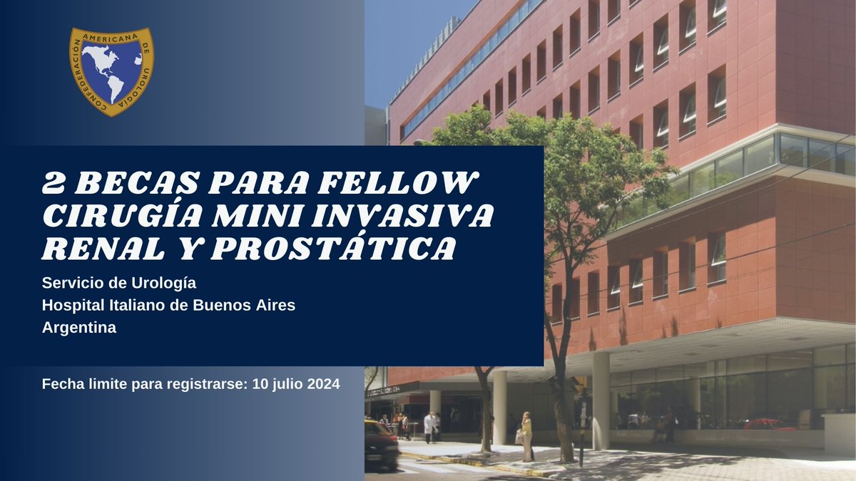 2 BECAS PARA FELLOW EN CIRUGÍA MINI INVASIVA RENAL Y PROSTÁTICA
En el Servicio de Urología Hospital Italiano de Buenos Aires Argentina.

Modalidad: Por méritos.
Fecha limite para registrarse: 10 julio 2024

Más información en la web CAU: caunet.org/news/fellow-ca…