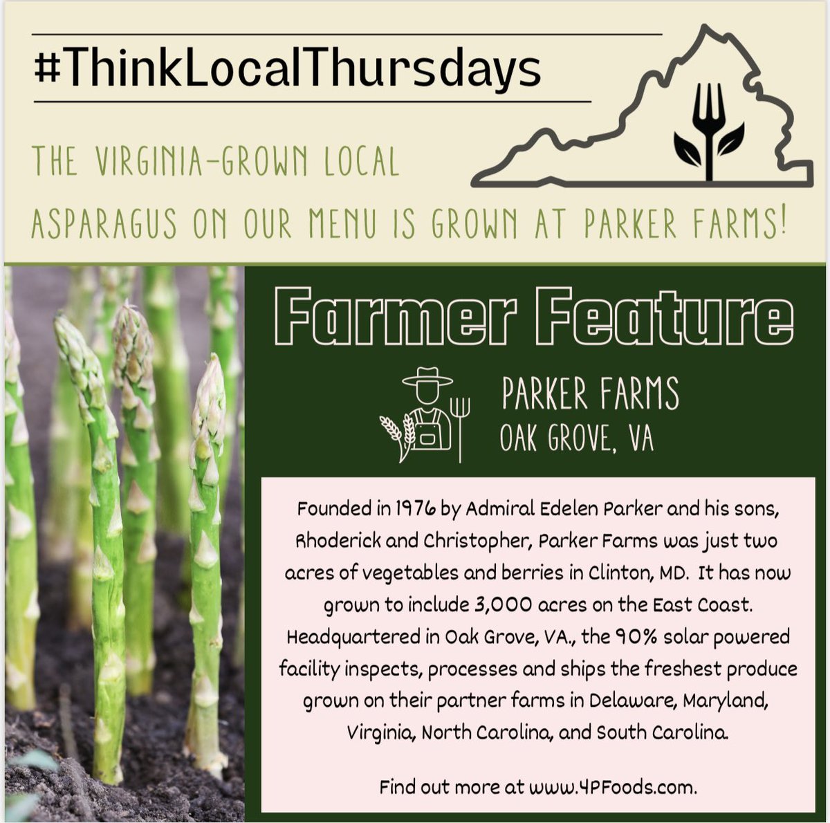 Hey @PWCSNews high school students! Look for our NEW Garlic-Roasted Asparagus on the menu tomorrow featuring locally grown asparagus from Parker Farms in Oak Grove, VA! This is thanks to @4PFoods and the @VDOESCNP Centralized Local Procurement Project! #ThinkLocalThursdays