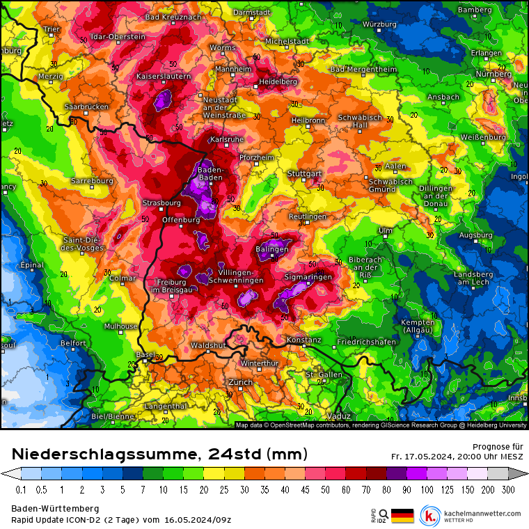 Kachelmannwettr's tweet image. Achtung: Akute Unwetterlage im Südwesten möglich!

Betroffen Teile von BW, RP, Saarland! Von der Nacht an bis in den Freitag können in 24h 60 bis lokal über 100 l/m² fallen. Es sind große Überflutungen und an Bächen/kleinen Flüssen Sturzfluten möglich! Wir berichten durchgehend!…