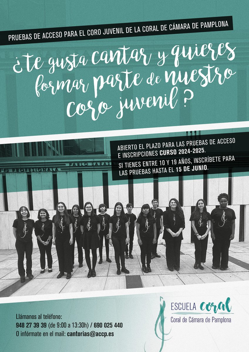 CoralPamplona's tweet photo. ¿Te gusta cantar? 🗣️🎶
¡Abrimos plazo de inscripciones para las pruebas de acceso al Coro Juvenil!
👥Edades: desde los 10 hasta los 19 años
🗓️Plazo para inscribirse: hasta el 15 de junio inclusive
📲948 27 39 39 de (09:00-13:30)/ 690 02 54 40
📩cantorias@accp.es ¡Os esperamos!🎶 https://t.co/HfcTK9jORk