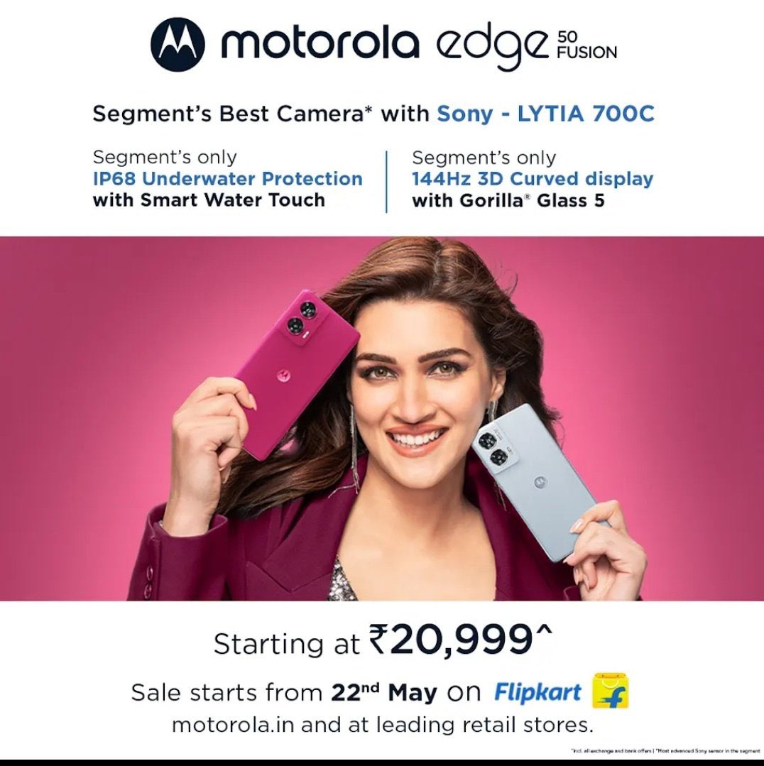 Motorola Edge 50 Fusion launched in India. 6.7' FHD+ pOLED 144Hz refresh rate, 1200 HBM, Gorilla glass 5 Snapdragon 7s Gen 2 LPDDR4x/UFS 2.2 Android 14 (3+4 years of update) 50MP Sony LYTIA LYT700C main OIS+ 13MP Ultrawide rear camera 32MP front 5000mAh +68W #Moto #Motorola