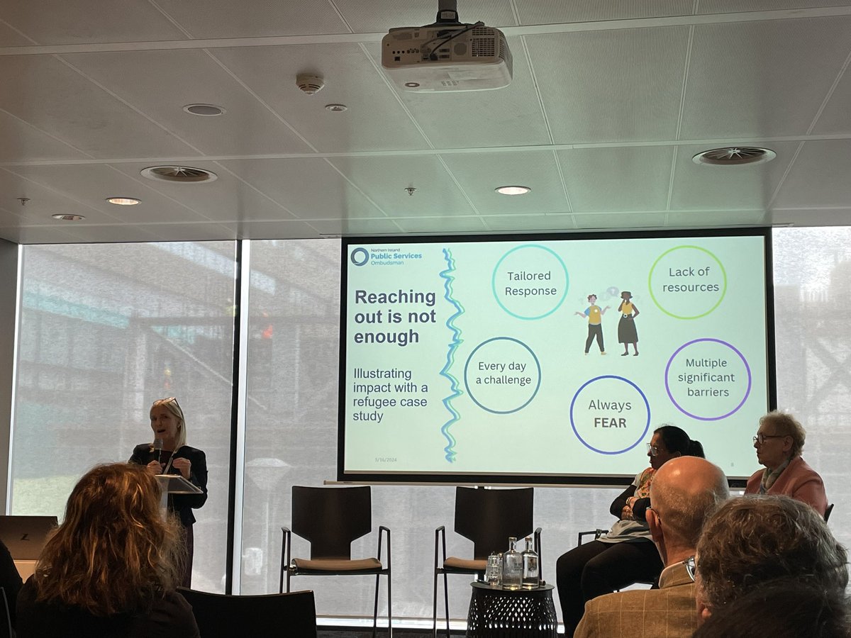 OmbudAssoc's tweet photo. Margaret Kelly @NIPSO_Comms highlights that asking someone to ‘make a complaint’ when they are experiencing trauma and extreme vulnerability, rather than helping directly, often does not feel appropriate or ‘customer focused’ @the_ioi https://t.co/IVqTllsZbp