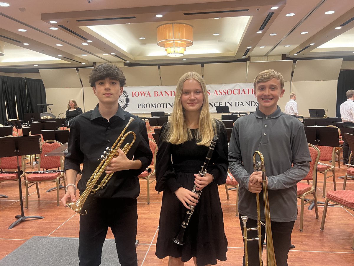 Congratulations to Lilly Henn, Iker Molins, and Noah Reicks. The three students represented #SCCSD last week in Des Moines as part of the All Iowa Honor Band, a group of the top eighth grade musicians from across Iowa.  🙌 🙌 🙌