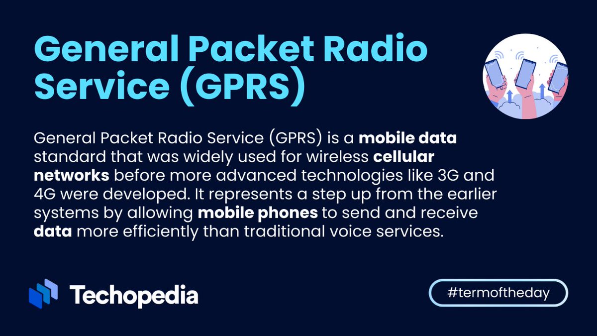 techopedia's tweet image. GPRS is often referred to as 2.5G, indicating it’s a technology between the second (2G) and third (3G) generations of mobile telephony.
Learn more: i.mtr.cool/iyuehesakd

#MobileData