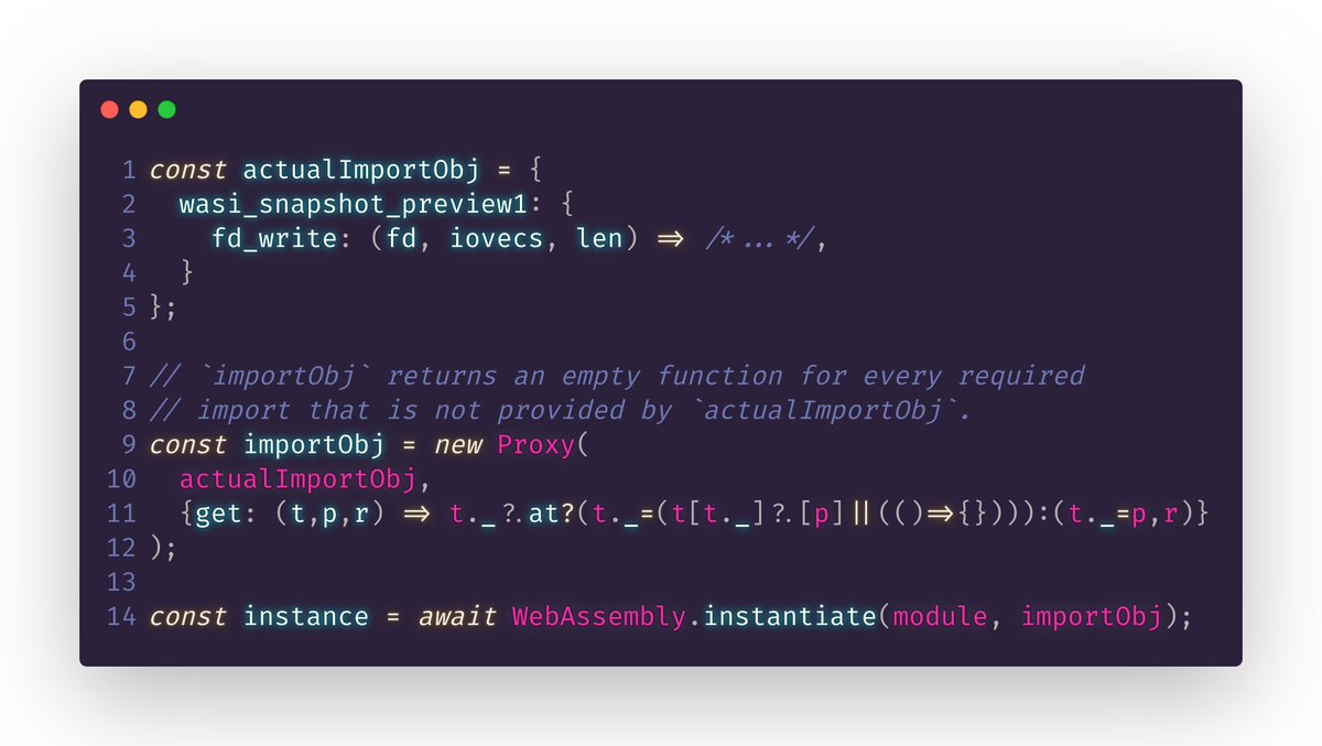 (⚠️ Definitely one of the dumber things I have written)

This ES6 Proxy lets you instantiate any WebAssembly module without having to care about every import it requires. It generates an empty function for the ones you don’t provide.

gist.github.com/surma/da12f7df…