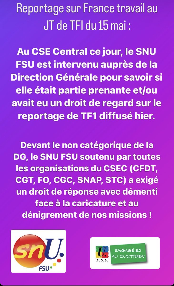 Reportage sur #francetravail au JT de TFI du 15 mai : au CSE Central ce jour, le SNU FSU est intervenu auprès de la DG pour savoir si elle était partie prenante et/ou avait eu un droit de regard sur le reportage. #poleemploi #tf1 @ThibautGuilluy @FsuNationale @FSUEMPLOIOCC