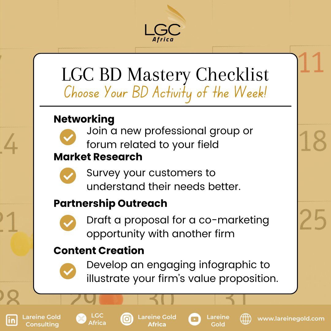 The 2nd edition of our Business Development Mastery is here! Our monthly checklist gives you action-packed strategies  - from networking to content creation.

Turn goals into action: ✅Pick a challenge, ️schedule it & share your pledge!

#LawFirmGrowth #GoldStandard #LGCAfrica