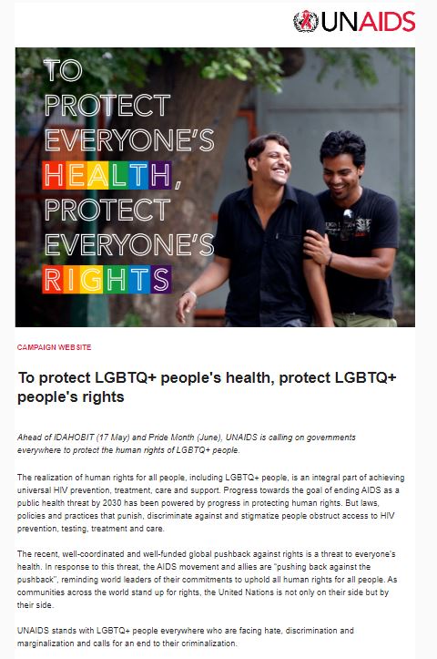To protect everyone's health, protect everyone's rights Ahead of #IDAHOBIT (17 May) & #Pride Month (June), UNAIDS is calling on everyone, everywhere to protect the rights of LGBTQ+ people Read our #RightsEqualsHealth newsletter: mailchi.mp/unaids.org/new…