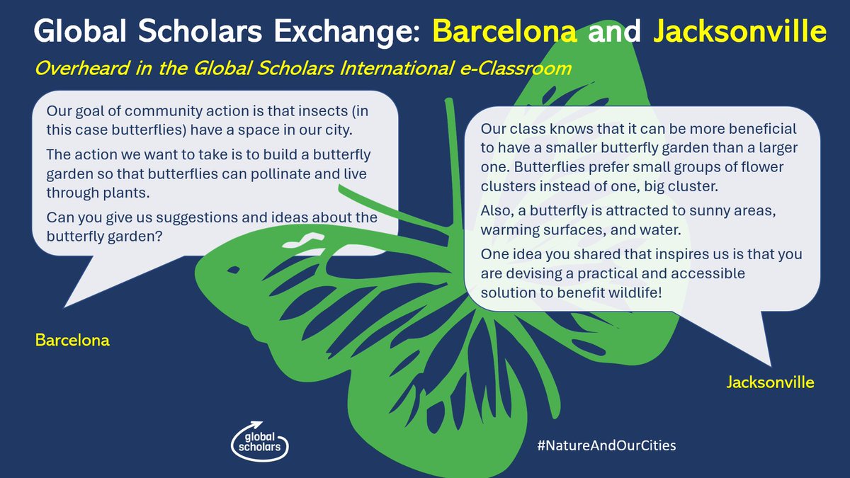 Ask for advice. Get advice. Build a butterfly garden. This is what we love about international #virtualexchange. Great job, Global Scholars in Barcelona and Jacksonville! 🦋#NatureAndOurCities