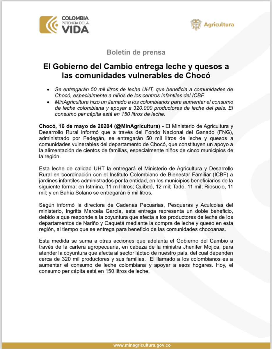 #BoletínDePrensa 🚨 | Entregaremos, en coordinación con el @ICBFColombia, 50 mil litros de leche y queso 🥛🧀 a comunidades vulnerables de #Chocó 🌤️ mediante el Fondo Nacional del Ganado, administrado por @Fedegan. Con esta medida también respaldamos a productores lácteos del