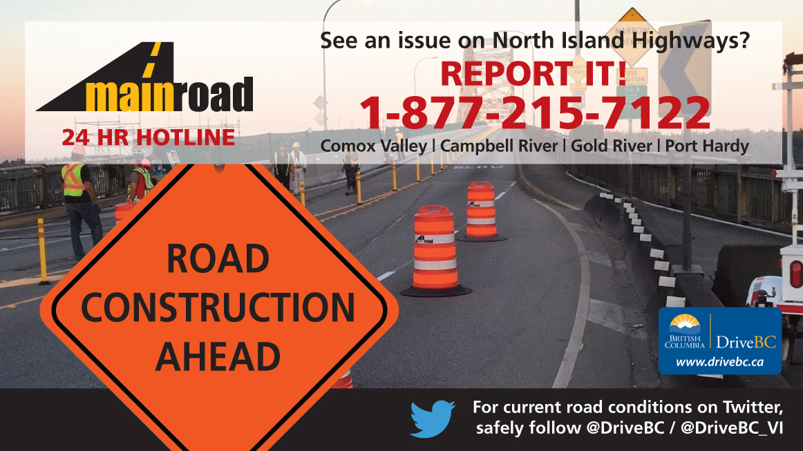 Travel Advisory - Culvert Replacement on Jubilee Parkway
#CampbellRiver #VanIsle

Mon, May 13-17 | 8:00 AM to 5:00 PM
Single lane, alternating traffic with up to 20 minute delays so crews can replace a culvert.

Slow down and watch for roadside workers. #SlowDownMoveOver @DriveBC