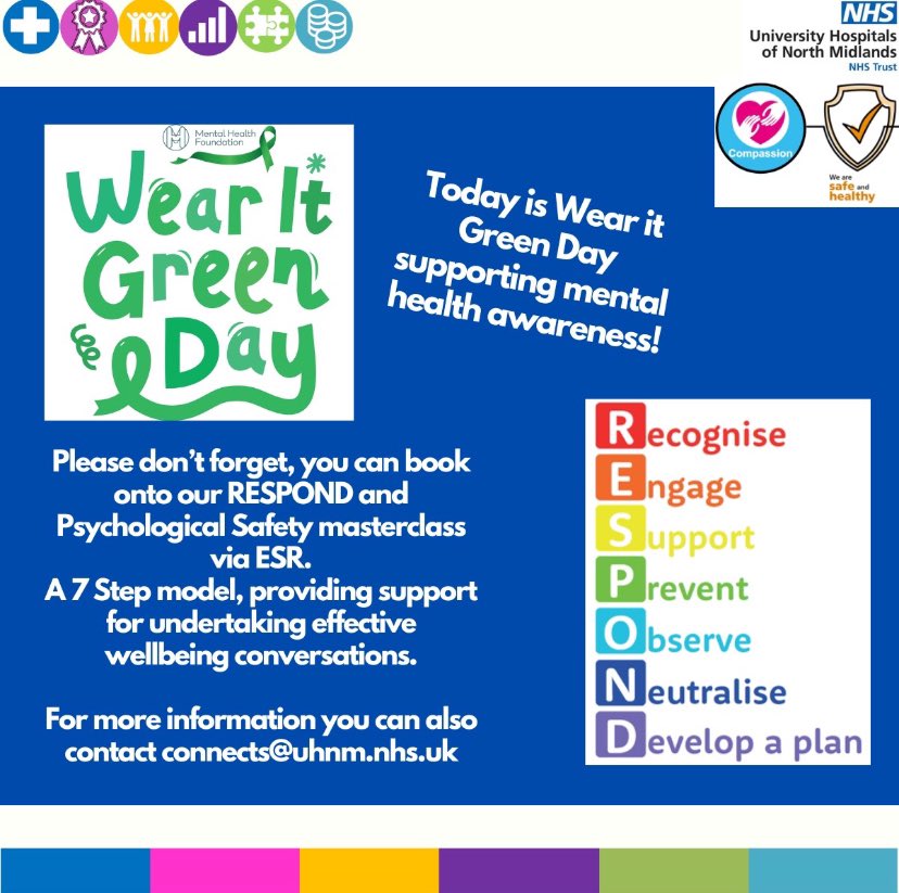 Don’t forget you can book on to our RESPOND masterclass via ESR, to help you have effective well-being conversations and provide you with sufficient resources to support your team/colleagues 💚 #MentalHealthAwarenessWeek #MentalHealthMatters #wearitgreenday #uhnm