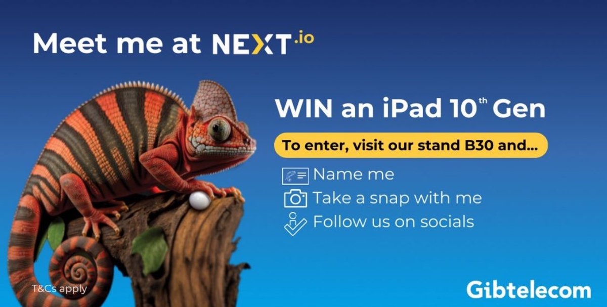 GibtelBusiness's tweet photo. Hurry! Don’t miss out on the chance to win an iPad 10th generation.👌🤩

Visit our stand B30 and take a snap with our chameleon, suggest a name and follow us on socials to enter. 📸

Winner will be announced today at 3pm. 

Gibtelecom Business 
Gibtelecom 
https://t.co/K7QgOPV8ag https://t.co/4NZcaENzv8
