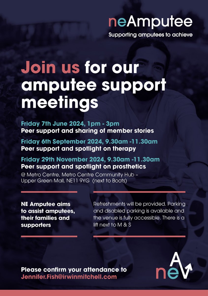 North East Amputee Support Group (@neamputeegroup) on Twitter photo Join us for the upcoming #amputee support group meetings.
We are an empowering community offering guidance, support & practical advice.
🗓️7th June
🕐1pm-3pm
🗓️6th Sept
🕤9:30am-11:30am
🗓️29th Nov
🕤9:30am-11:30am
Confirm your attendance-Jennifer.Fish@irwinmitchell.com #amplife Join us for the upcoming #amputee support group meetings.
We are an empowering community offering guidance, support & practical advice.
🗓️7th June
🕐1pm-3pm
🗓️6th Sept
🕤9:30am-11:30am
🗓️29th Nov
🕤9:30am-11:30am
Confirm your attendance-Jennifer.Fish@irwinmitchell.com #amplife