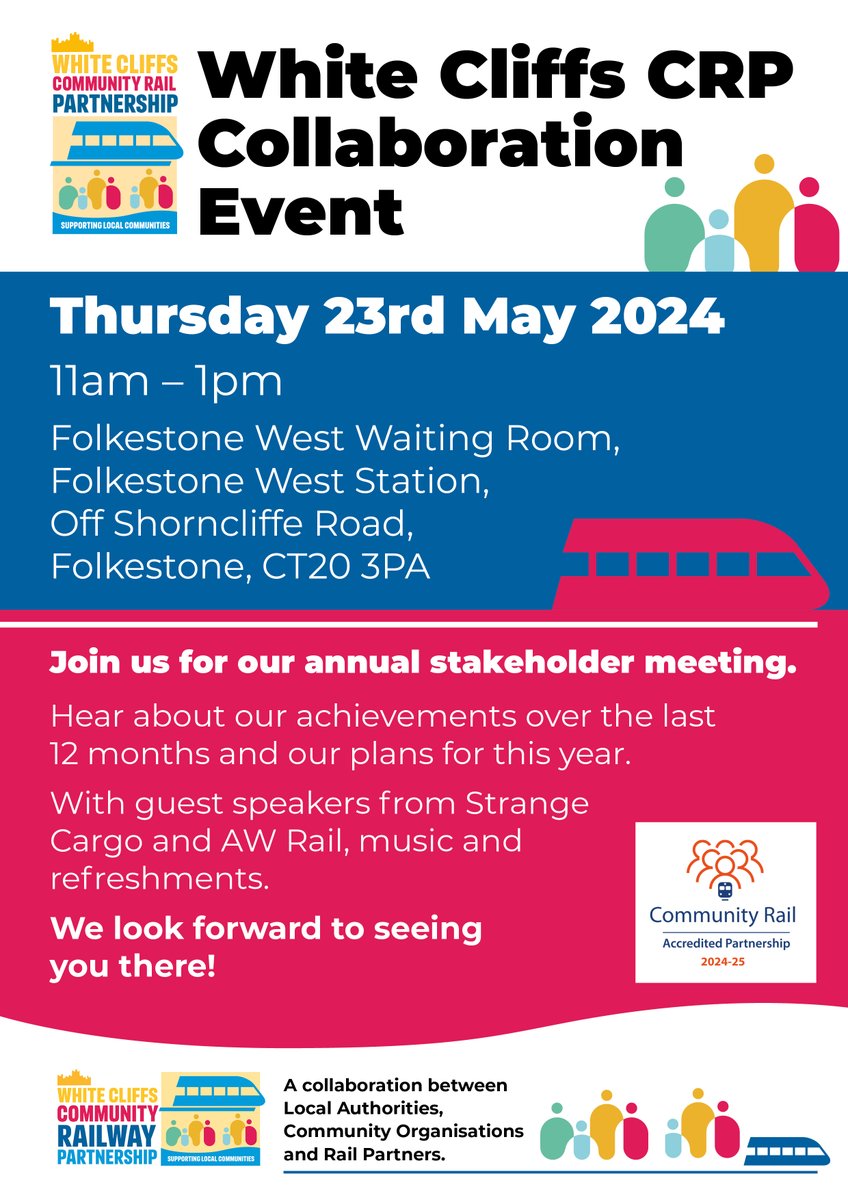 The White Cliffs Community Rail Partnership is hosting a collaboration event with partners, guest speakers and anyone who would like to attend on Thursday 23 May from 11am-1pm at Folkestone West Train Station.

ℹ️ dover.gov.uk/.../White-Clif…...
#communityevent #railtravel