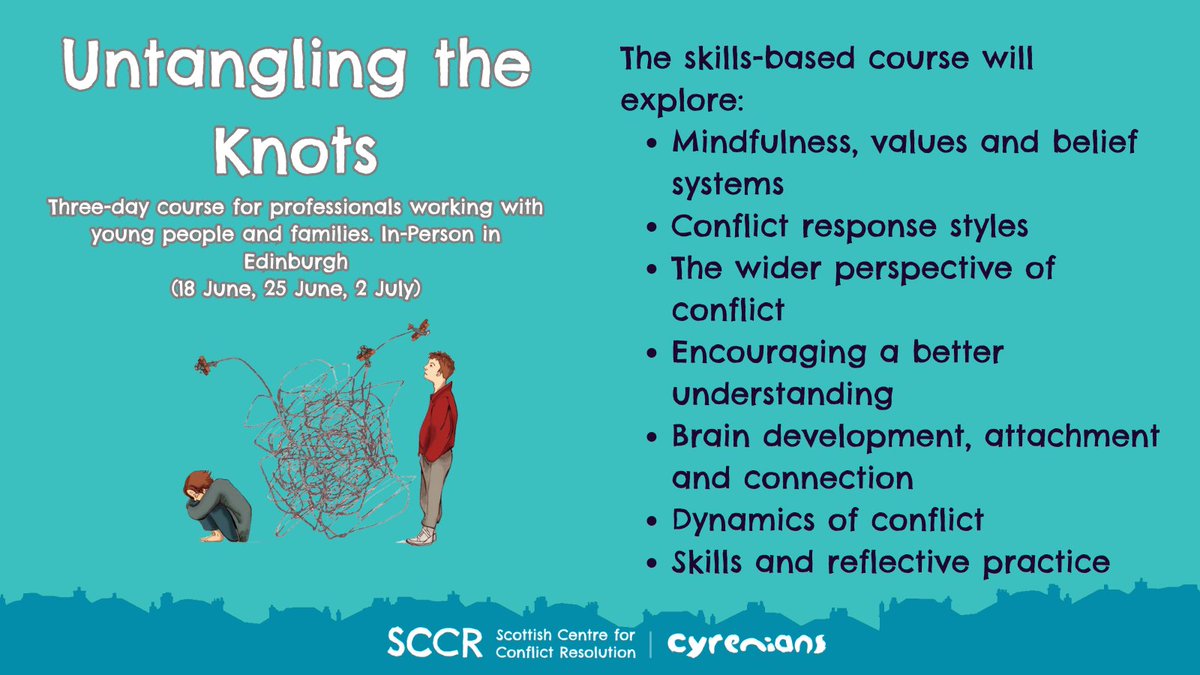 Our 3-day 'Untangling The Knots' course explores how conflict can develop in relationships. Participants gain skills to support families to have positive conversations and de-escalate. Held 18, 25 June &amp; 2nd July in-person in Edinburgh. Free course!
eventbrite.co.uk/e/in-person-un…