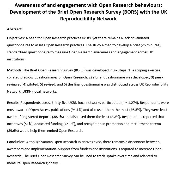 🌐This study validated the Brief Open Research Survey to measure #OpenResearch awareness & uptake among #researchers, highlighting varying levels of awareness & utilization of Open Research practices, along with identified support needs. ✍️Via @EJ_Norris: tinyurl.com/3tpfmsde