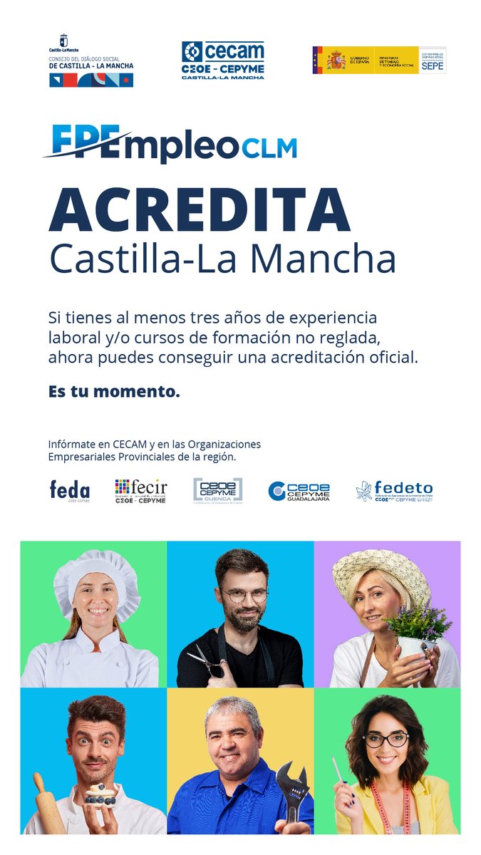 ¡Acredita lo que sabes hacer! Si tienes experiencia laboral de al menos tres años y/o cursos de formación no formal, consigue una acreditación oficial. Hazlo con @ceoecuenca a través del Servicio de Asesoramiento #FPEmpleoCLM de @_CECAM financiado por @empleogob y @gobjccm