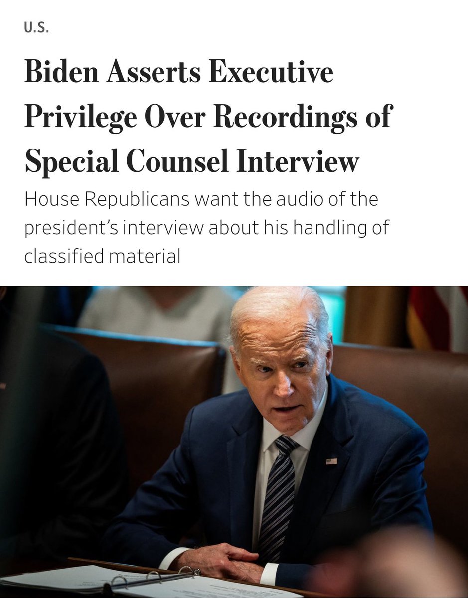 🚨Wow Joe Biden asserted executive privilege over the audio of his interview with the special counsel investigating his handling of classified documents. The same interview that led the special counsel to describe Biden as an “elderly man with a poor memory.” What’s he hiding?