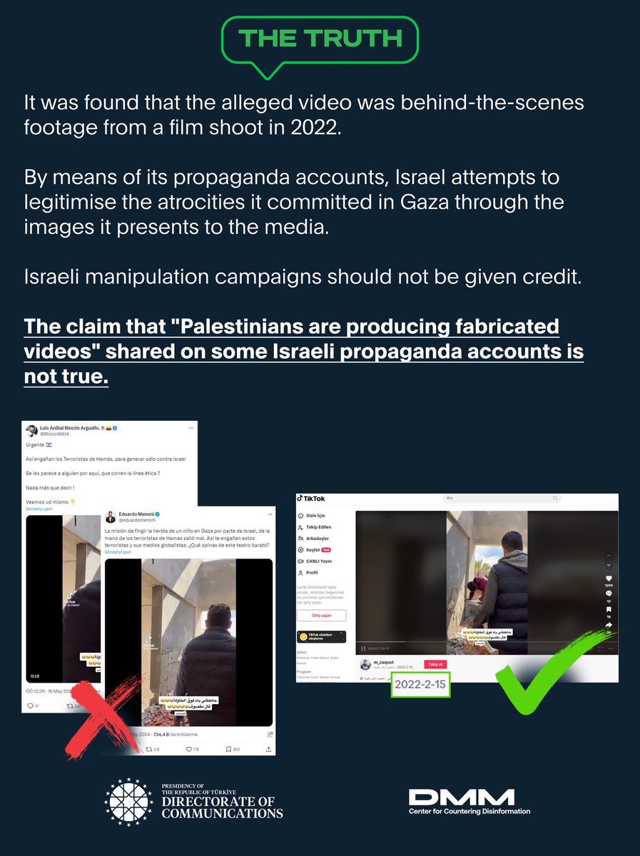 📌 The claim that 'Palestinians are producing fabricated videos' shared on some Israeli propaganda accounts is not true.

It was found that the alleged video was behind-the-scenes footage from a film shoot in 2022. 

By means of its propaganda accounts, Israel attempts to